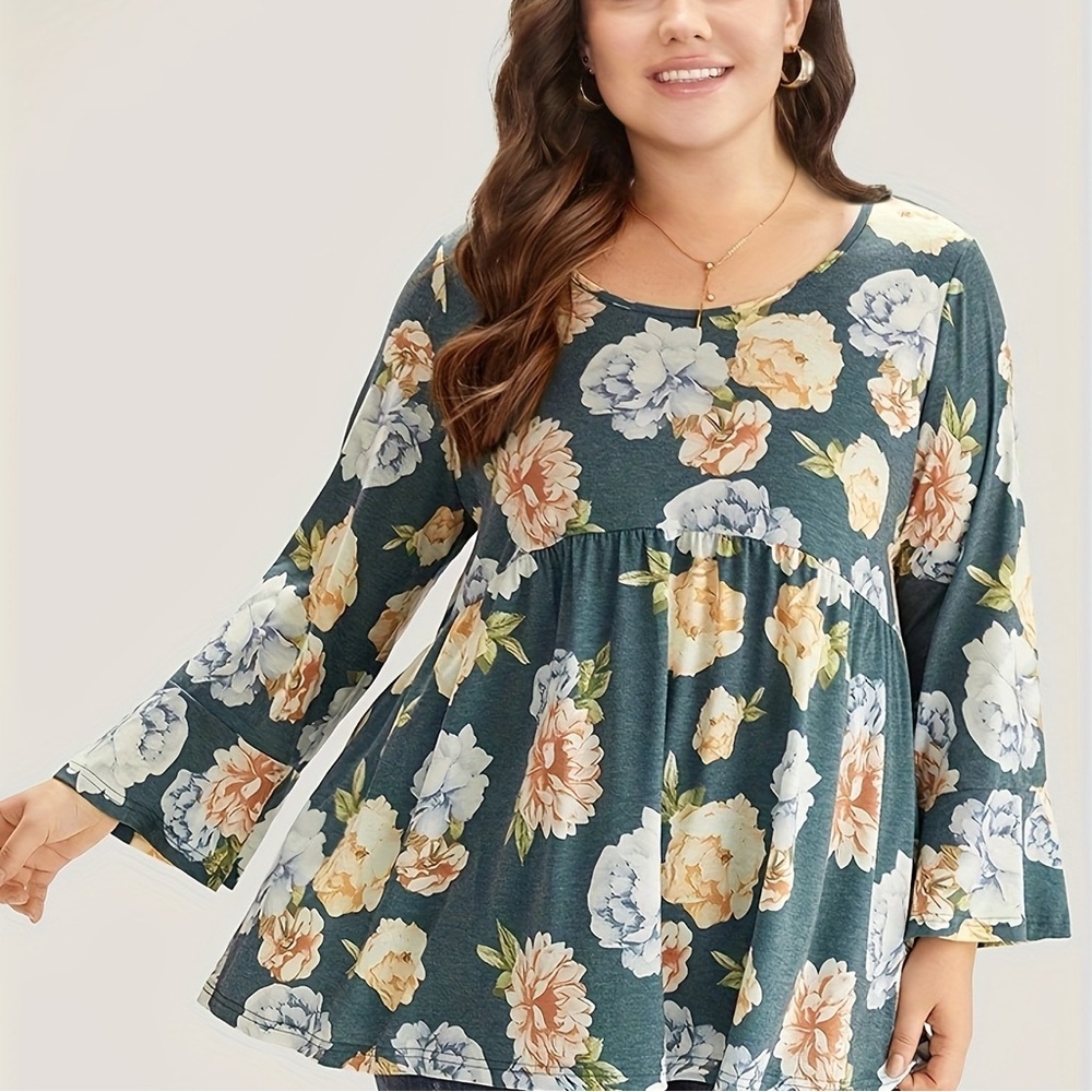 BloomChic Floral Print Blouse - Gray and Cream